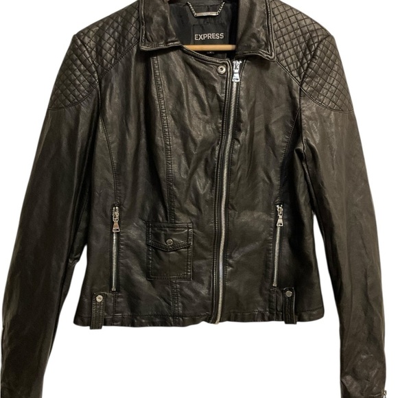 Express Brown Faux Leather Moto Jacket Quilted Shoulders Size L - Picture 2 of 11